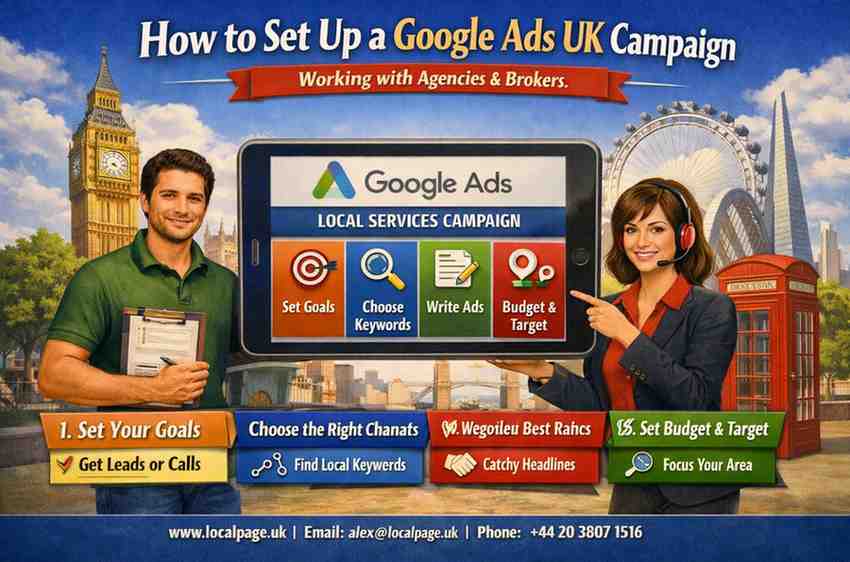 3D infographic showing Google Ads UK campaign setup with steps for goals, keywords, ads, and targeting.