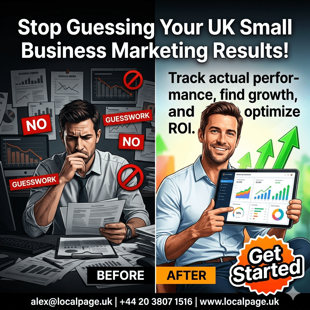 A high-contrast split image showing a stressed business owner with chaotic paperwork (left, dark) versus the same person smiling with an optimized growth dashboard on a tablet (right, bright), used for a social media marketing report template.