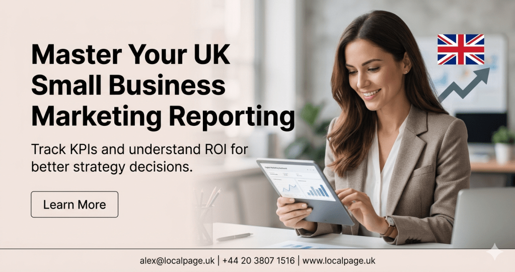 Professional woman smiling and using a tablet with a marketing dashboard in a UK co-working space, representing small business marketing reporting.