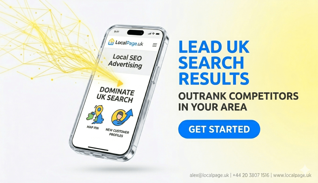 Hero image showing local SEO advertising with glowing yellow accents magnifying glass icon and blue CTA button